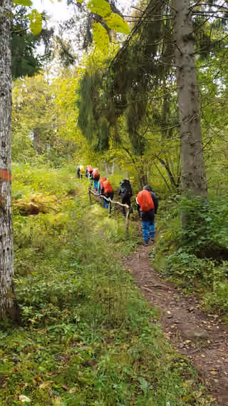 Distancifys team vandrar tillsammans med ryggsäckar längs en stig i skogen.